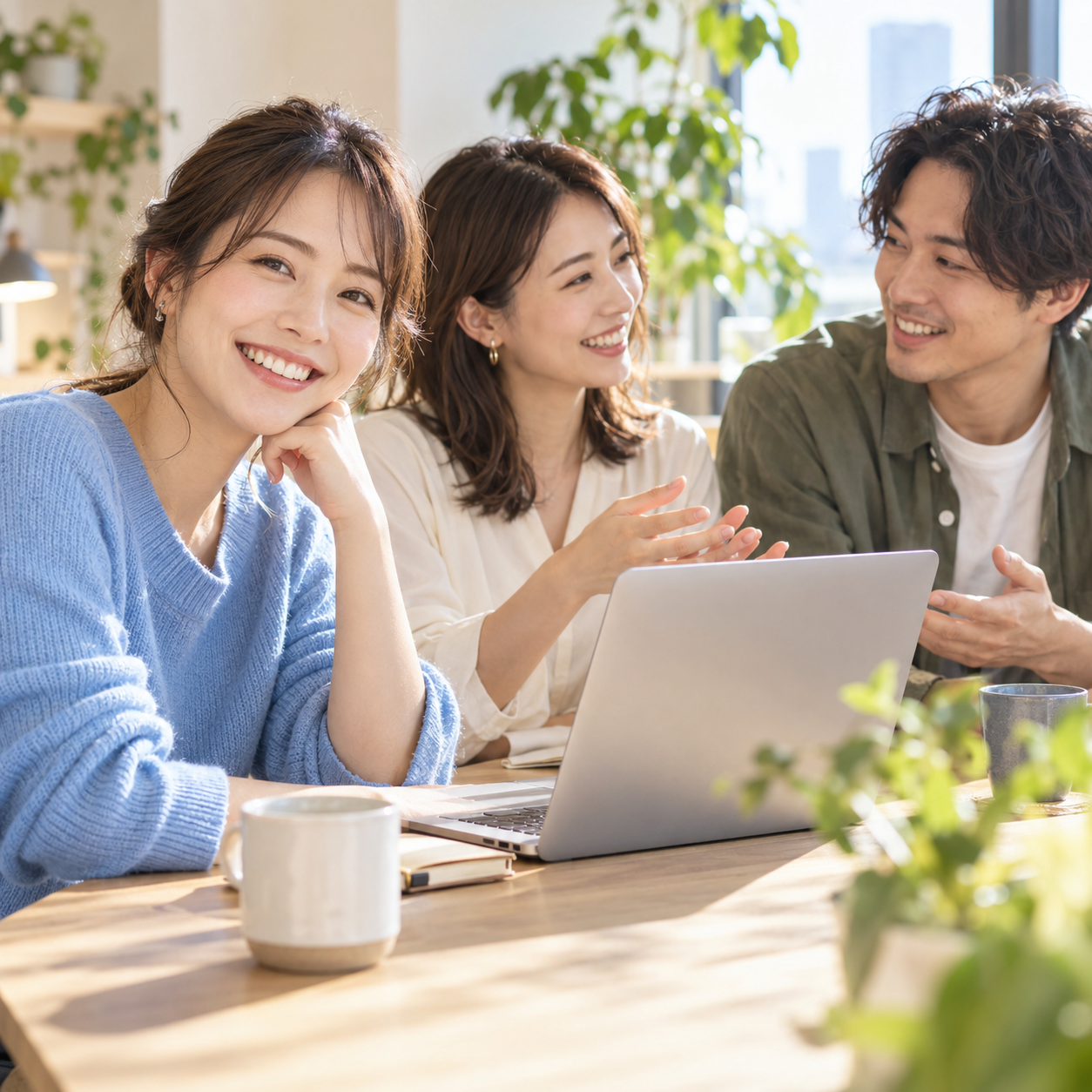 ノートパソコンを囲み、楽しそうにアイデアを話す3人の仲間のイメージ。