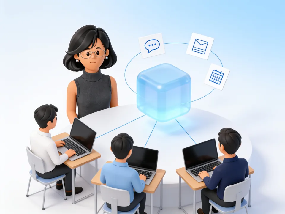 3人の社員のノートPCが中央の青い記憶のブロックに線でつながり、AIアシスタントがその横に立つイラスト
