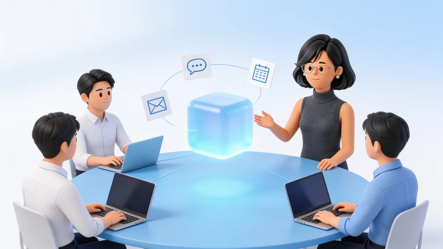 テーブルを囲む3人のメンバーと、中央に浮かぶ青い記憶のブロック、その横に立つAIアシスタントのイラスト