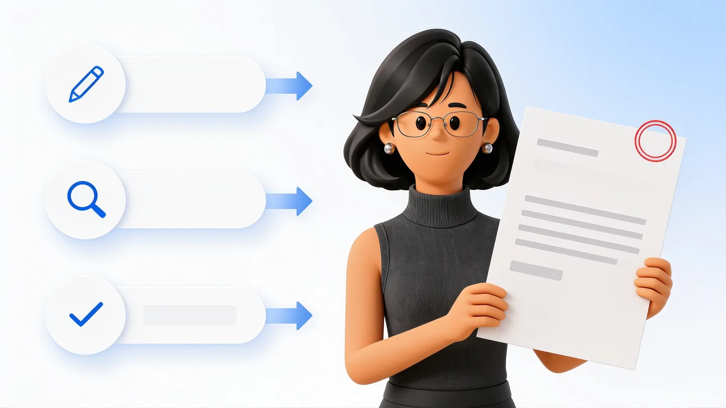 赤い丸印の押された書類を手にしたAIアシスタントと、矢印の付いた3枚のカードのイラスト