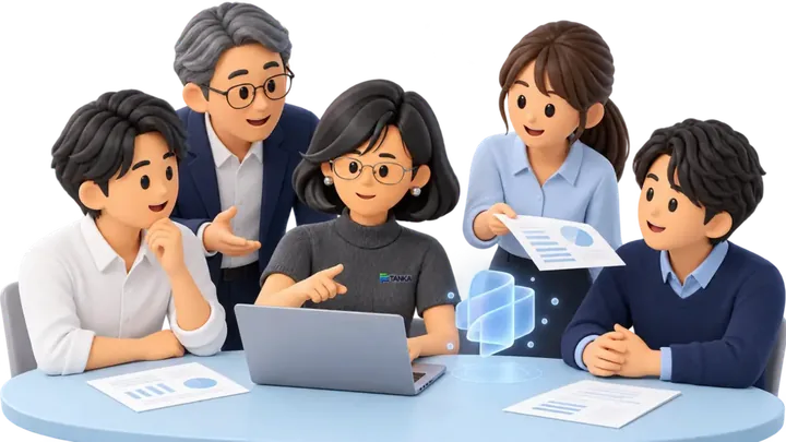 チームの5人が1台のノートPCを囲み、TANKAを使っているイラスト。